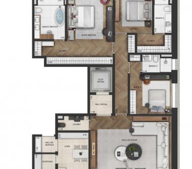 Perspectiva ilustrativa da planta de uma unidade